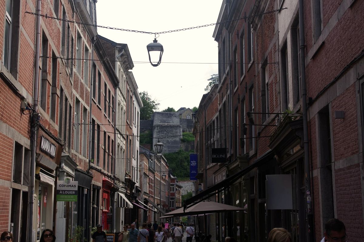 Rue commerçante bordée de maisons anciennes à Namur, avec la citadelle en arrière-plan